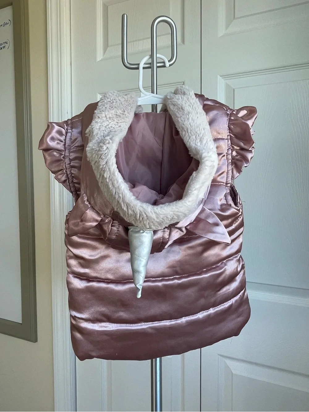 Girls Satin Puffer Vest with Faux Fur Unicorn Hood - Rose Pink, shirt & jeans